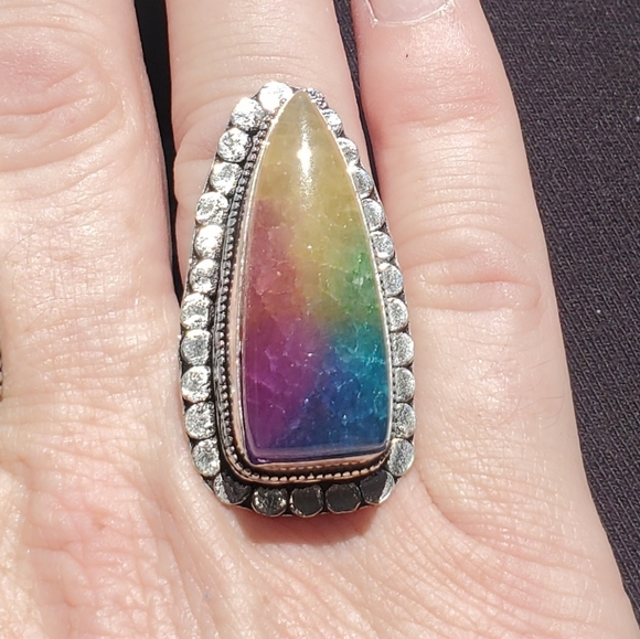 New Oversized Rainbow Solar Agate Quartz 925 Silver Statement Ring. - Picture 8 of 16